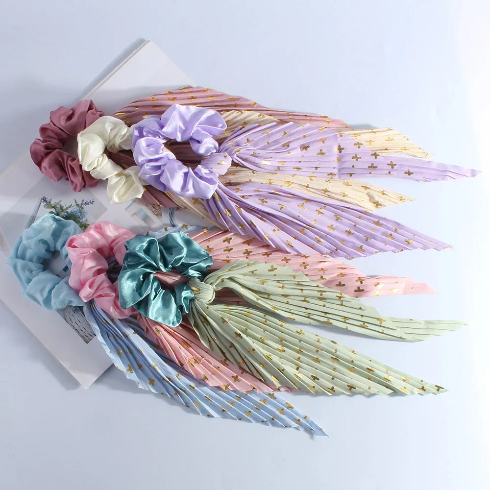 Handmade Pleated Hair Scrunchie with Long Ribbon,Elastic Hair Tie for Girls,Retro Ponytail Hair Rope Fashion Hair Accessories Qme