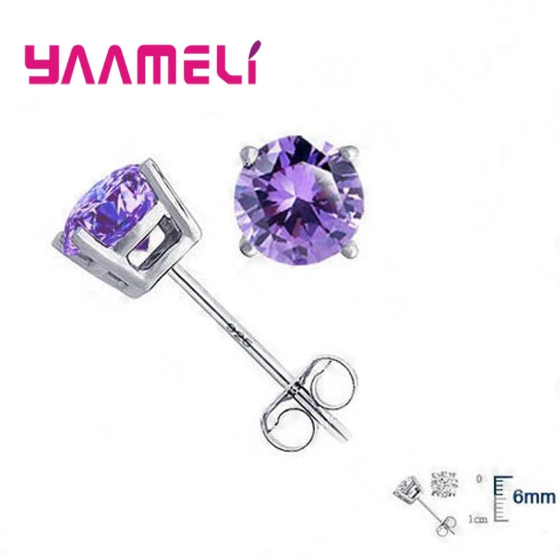 Classic CZ Crystal Stud Earrings 925 Sterling Silver Color for Women Men Unisex Gift AAA Cubic Zircon Wedding Party Jewelry Qme Purple