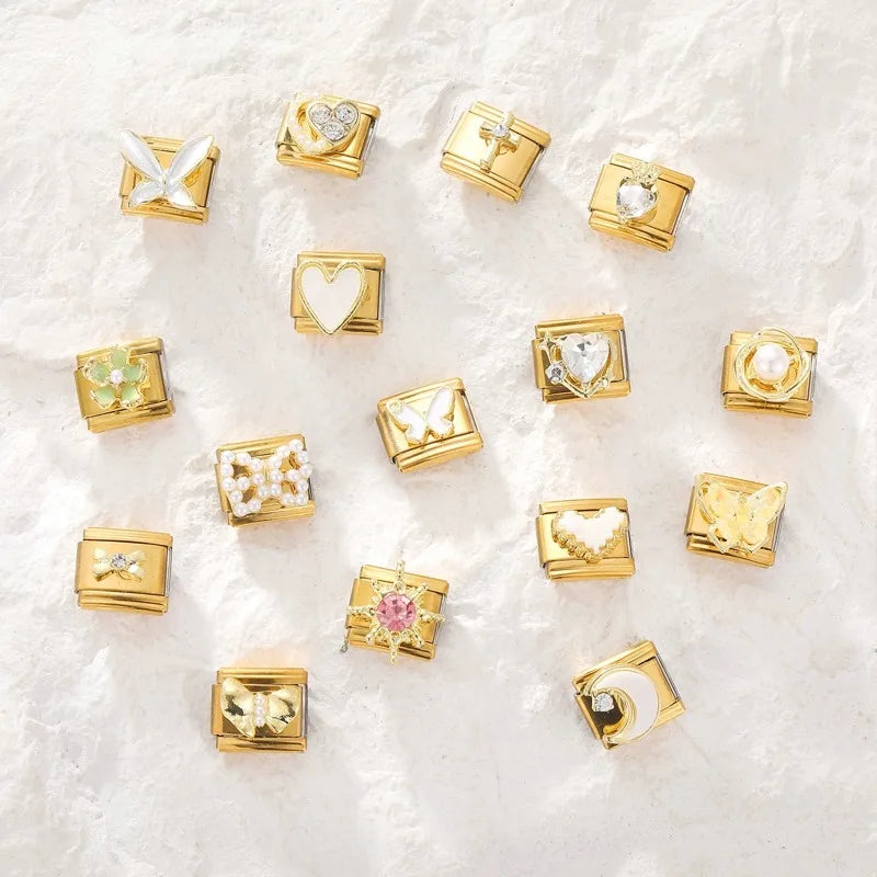 New Women Gems Flower Dollar Heart Star Girl Italian Charm Bracelet Link 9mm Stainless Steel Jewelry DIY Wholesale Drop Shipping Qme