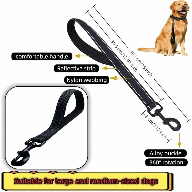 Short nylon dog leash, heavy-duty padded handle, reflective black, suitable for walking training of medium and large dogs Qme