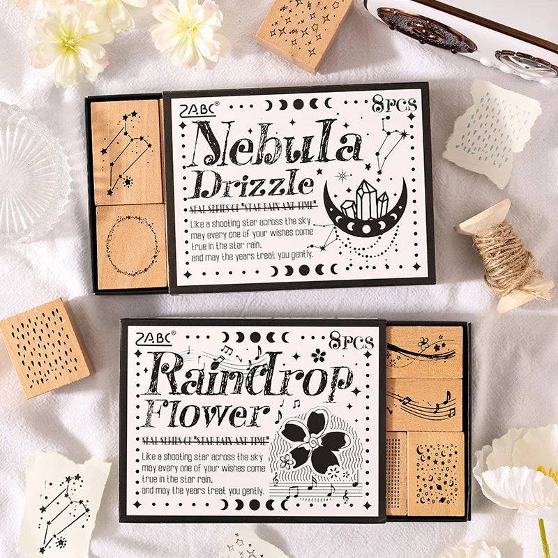 8 pcs Vintage Wooden Rubber Stamp Meteor Shower Theme Printed DIY Decor Scrapbooking Albums Wood Seal Daily Planner Stationery Qme