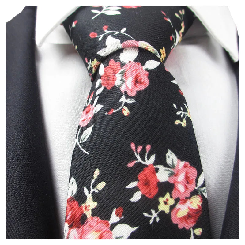 Slim Cotton Necktie Print Custom Classic Fashion Elegant Floral Qme black