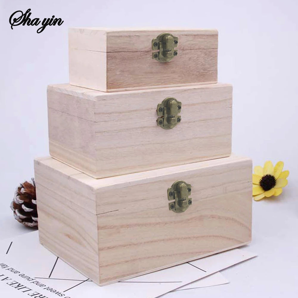 1/3pcs Log Color Scotch Plain Wood Wooden Square Hinged Storage Boxes Craft Gift Box Handmade Case Box Storage Organization Qme S M L