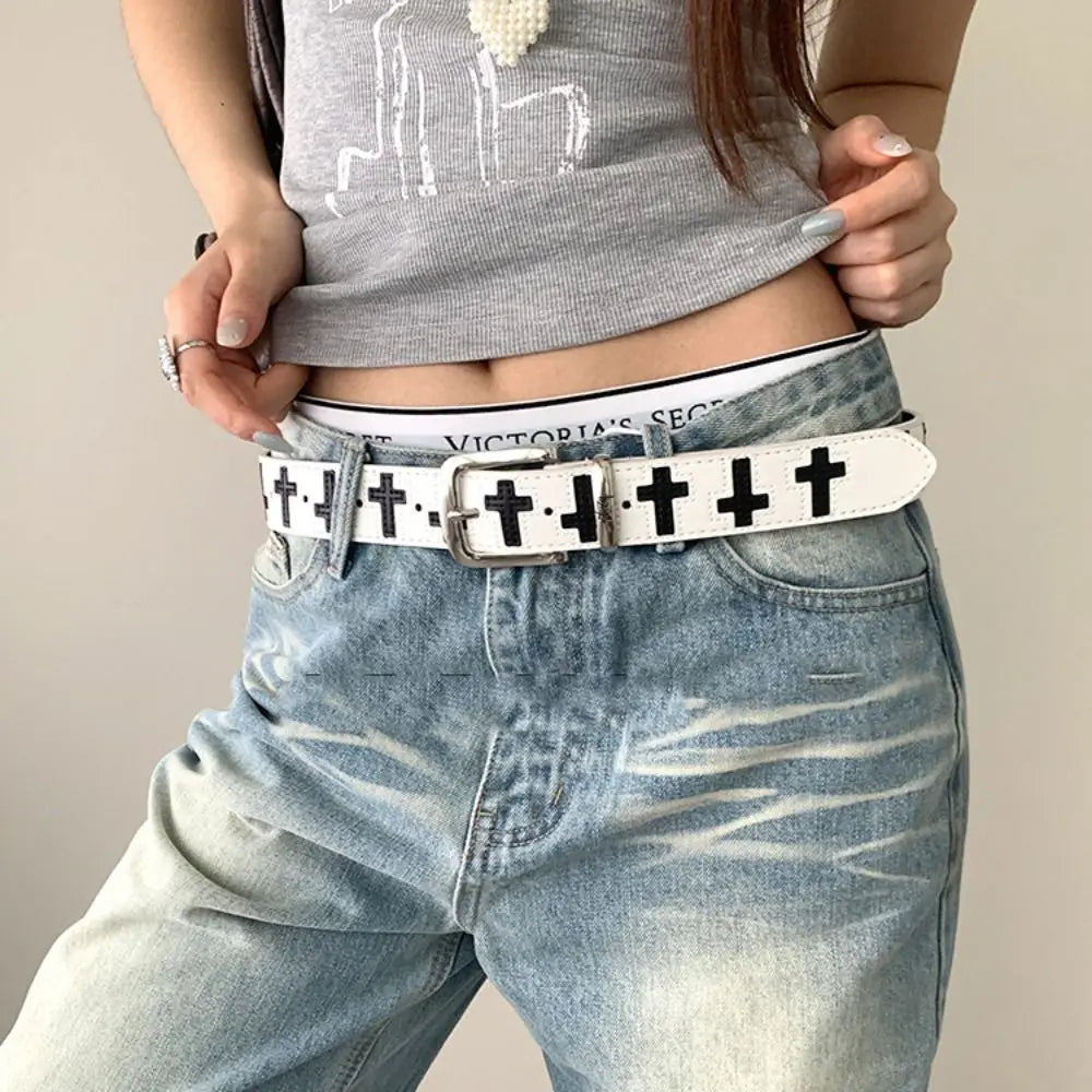 Fashion PU Leather Cross Shaped Belt Spicy Girl Metal Punk Hip Hop Qme