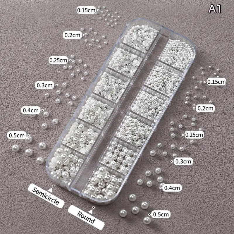 12 Grid Mixed Flat Bottomed Pearl Half Round Rhinestones Nail Jewelry Qme A1