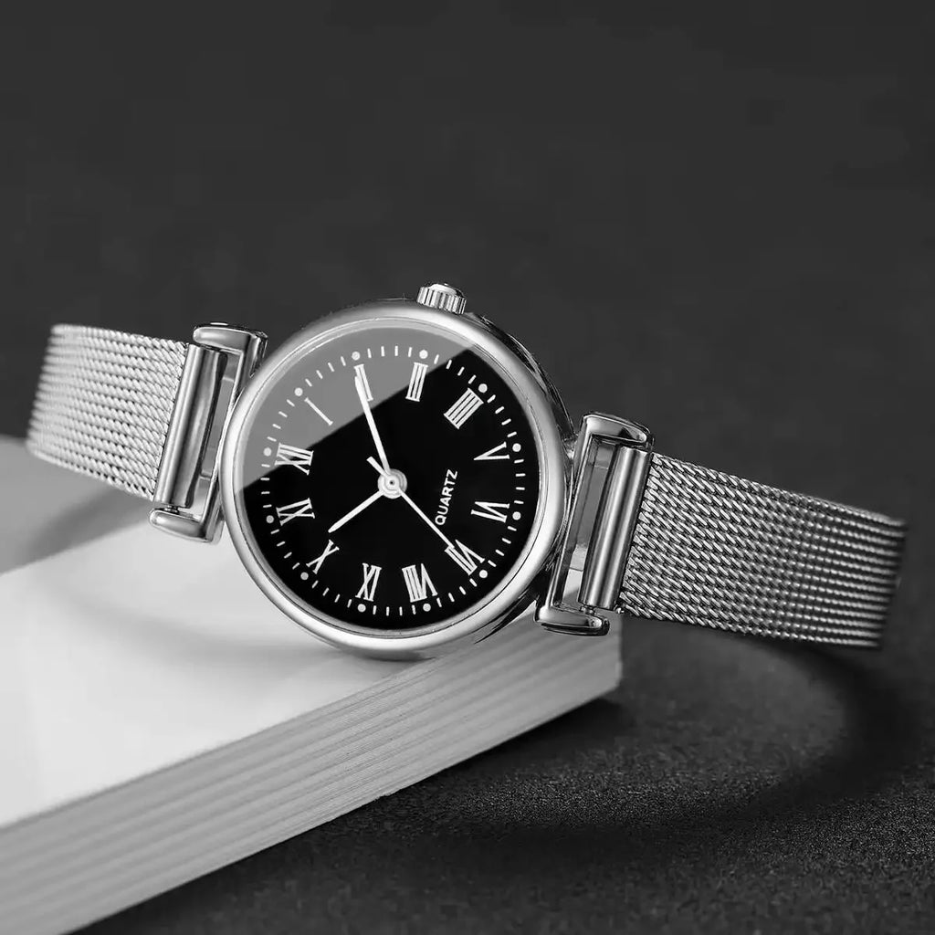4PCS Fashion Roma Dial Quartz Watch Casual Mesh Strap Women Watches Bracelet Set Reloj Mujer（Without Box） Qme