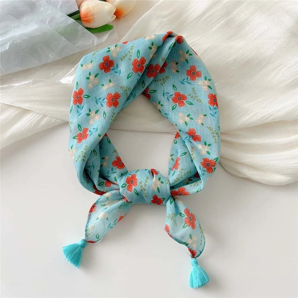 Neck Wrap Cotton-linen Square Scarf Fringed Breathable Hair Bandana Qme Style 5