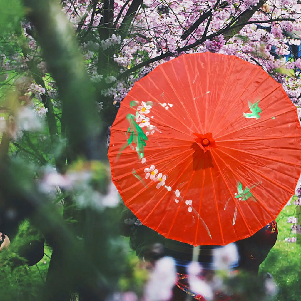 Vintage Chinese Silk Oil Paper Umbrella Red Flower Oil Paper Umbrella Bamboo Handle Wedding Decor Photo Parasol Dance Props Red Qme