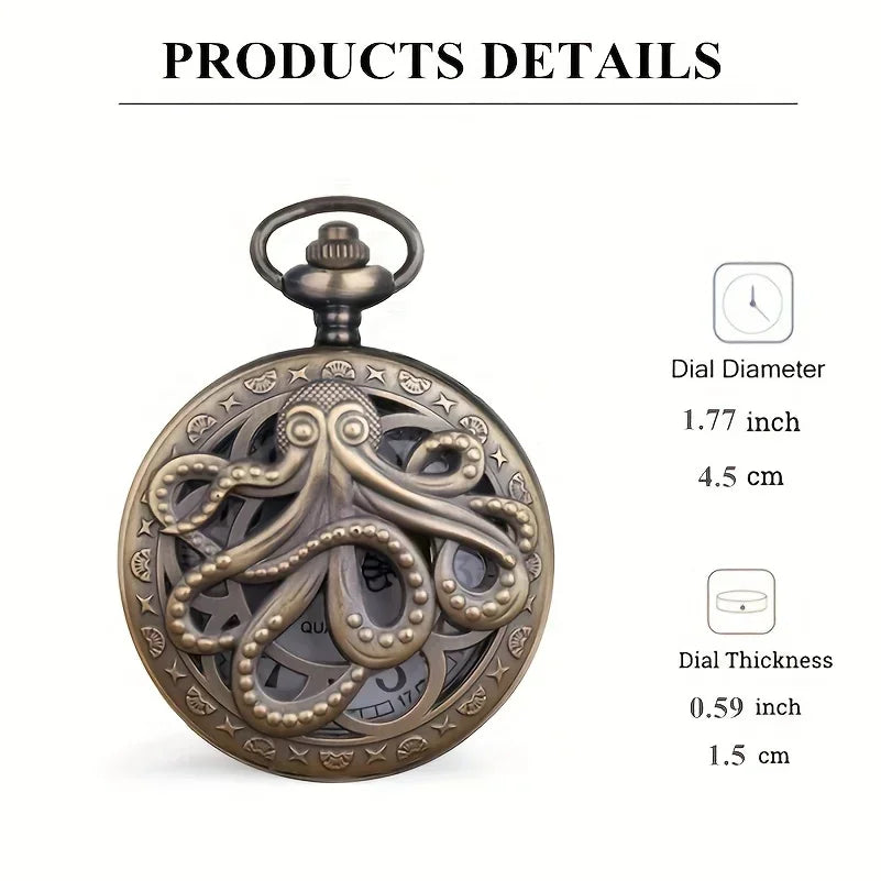 Antique Octopus Hollow Semi-Hunter Quartz Pocket Watch Steampunk Black Pocket Watch Necklace Chain Child Gift Watch Qme
