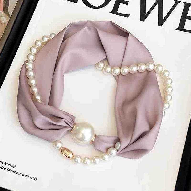 Magnetic Narrow Elegant Satins Neck Scarf Wrap Pearls Chain Necklace Qme pink