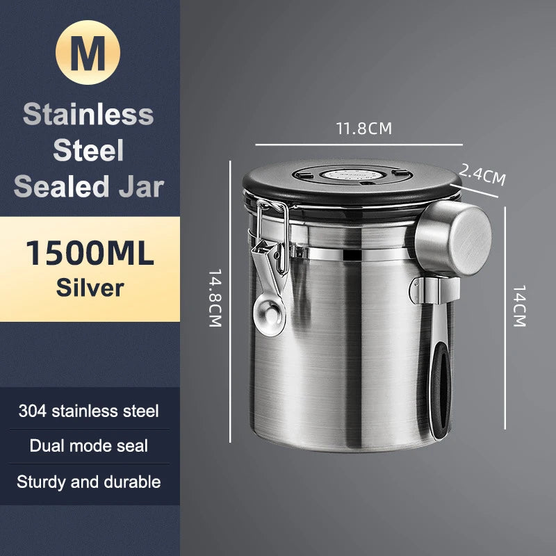 1 2 5 Coffee Bean Jar Airtight Canister Sealed Stainless Steel Spoon Qme 1500ml Silver