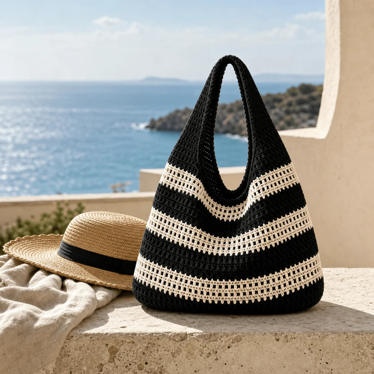 Women'S Crochet Handbag, Retro Vacation Style Handmade Crochet Striped Decorative Shoulder Needlepoint Large Capacity Handbag Qme