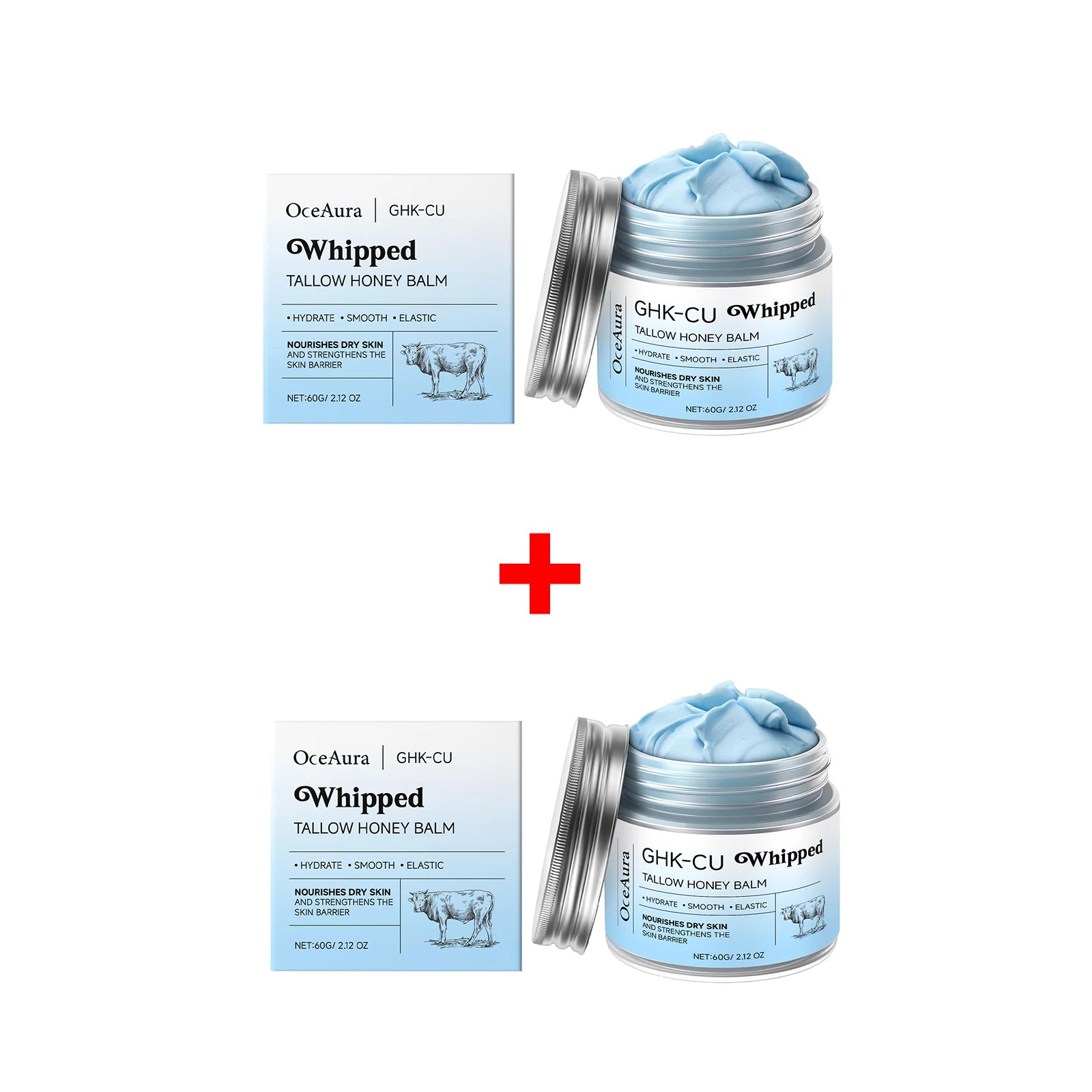 OceAura Whipped Tallow Honey Balm Ghk-Cu Firm Skin Elasticity Enhancement Strengthening Skin Barrier Repair Care Moisturizer 60g Qme 2pcs