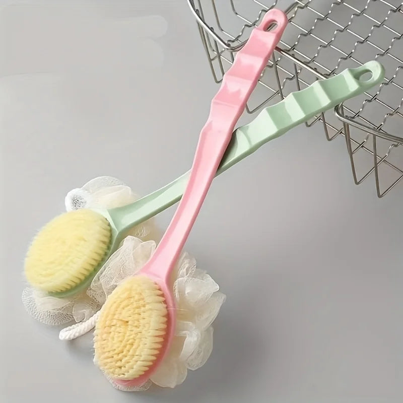 1pc Double-Sided Bath Brush with a Long Handle - Designed with Soft Sponge And Bristles for Deep Cleaning, Low Allergen, Qme Blue