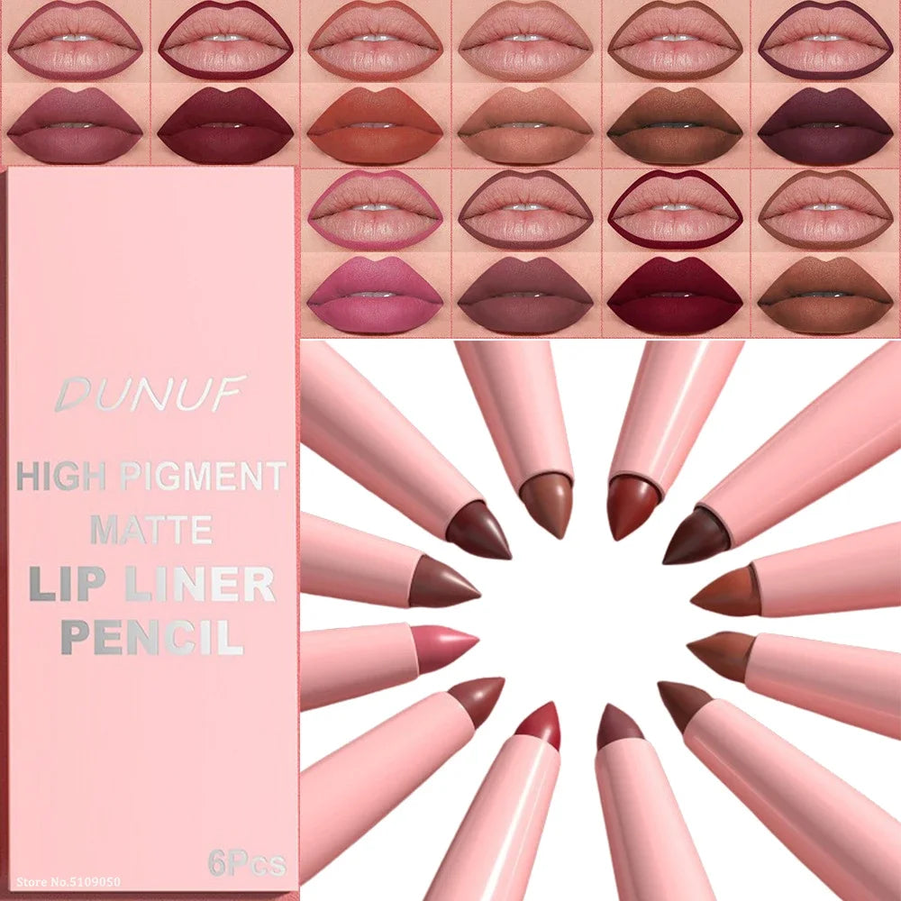 6PC Velvet Matte Lipstick Pen Nude Brown Lip Liner Pencil Kit Smooth Rose Red Pigment Waterproof Long Lasting Dye Cheek Lip Tint Qme