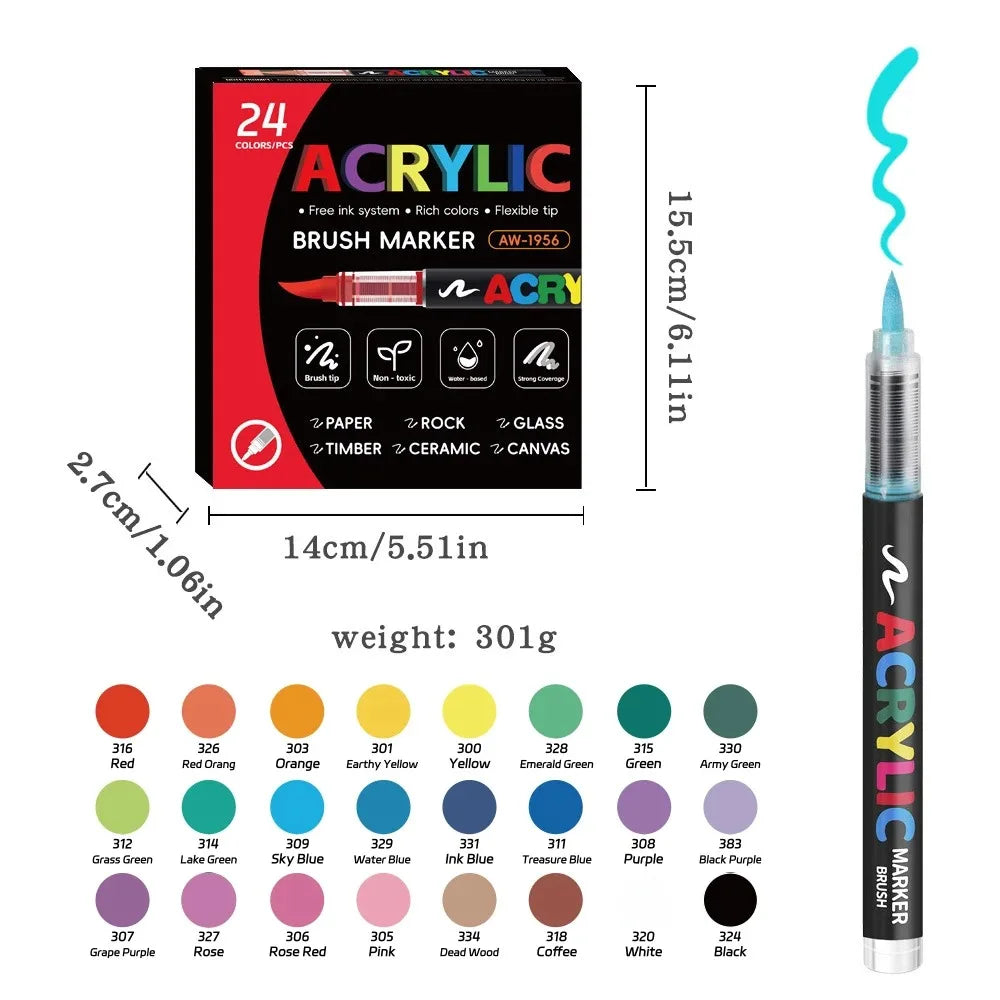 12-288 Colors Acrylic Paint Pens Markers Brush Tip Paint Markers for Rock Painting Wood Stone Glass Gift DIY Crafts Qme 24 Colors