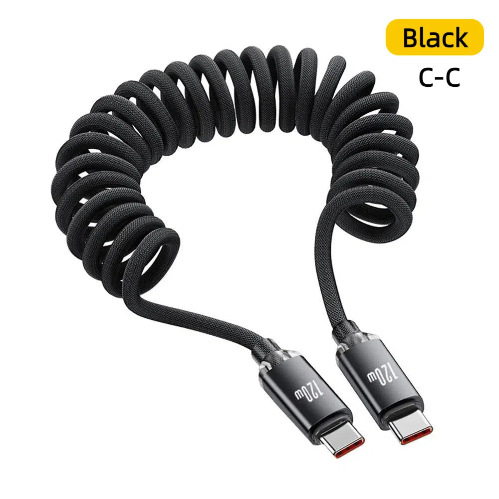120W Car Spring Cable USB Type C Cable Retractable Spring Fast Charging Data Cord Dual PD Quick Charge Cable For iPhone Samsung Qme black C-C 1m