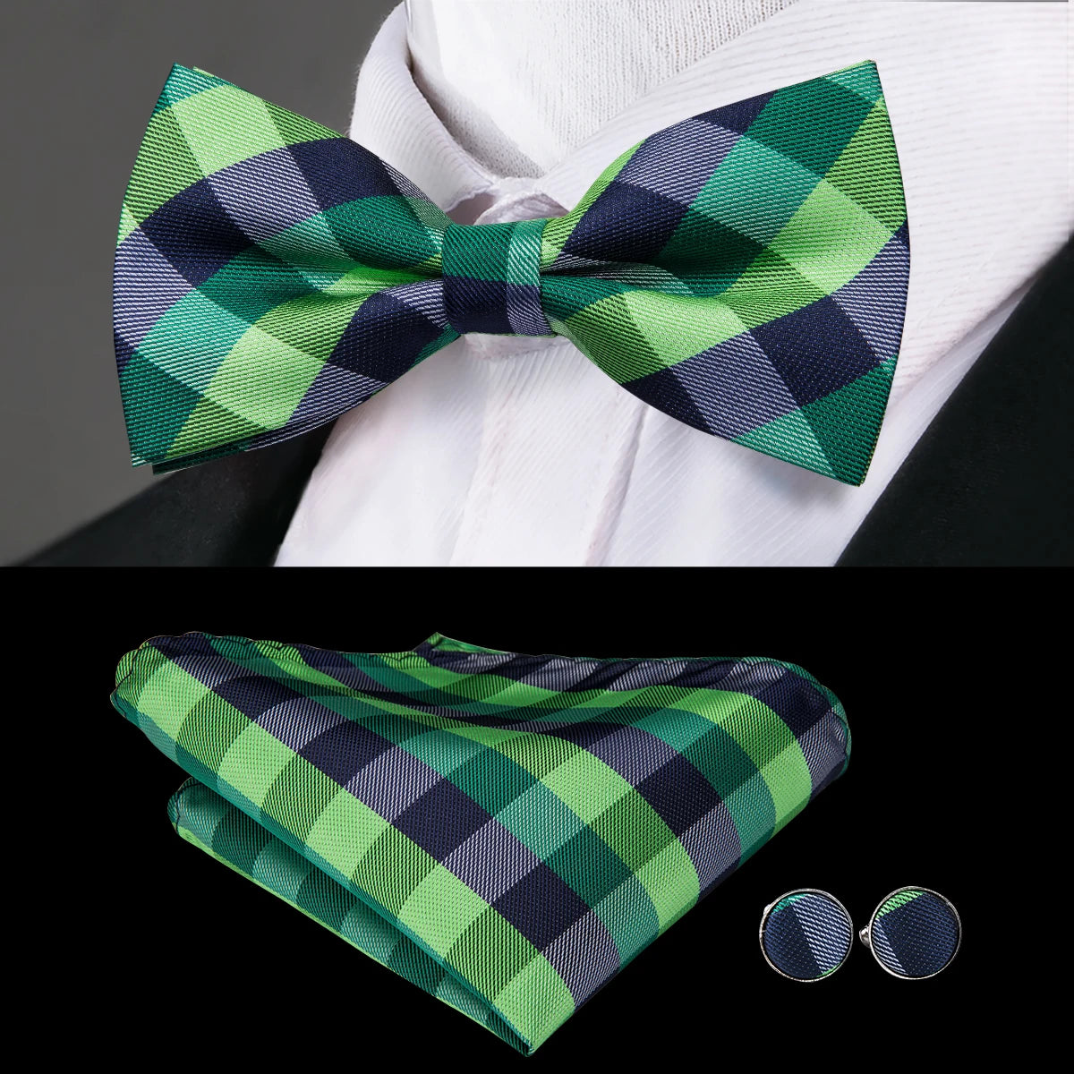 Hi-tie Grey Plaid Jacquard Pre-tied Mens Bow Tie Hanky Cufflinks Qme LH-0792