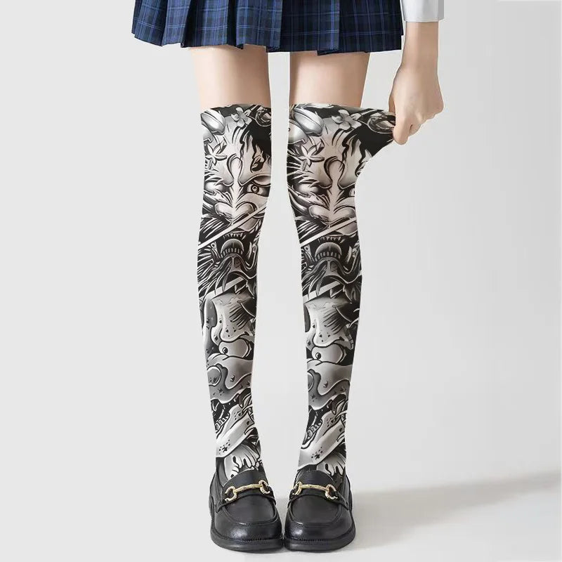 Sexy Long Tube Thigh-high Stockings Imitation Tattoo Pattern Velvet Qme