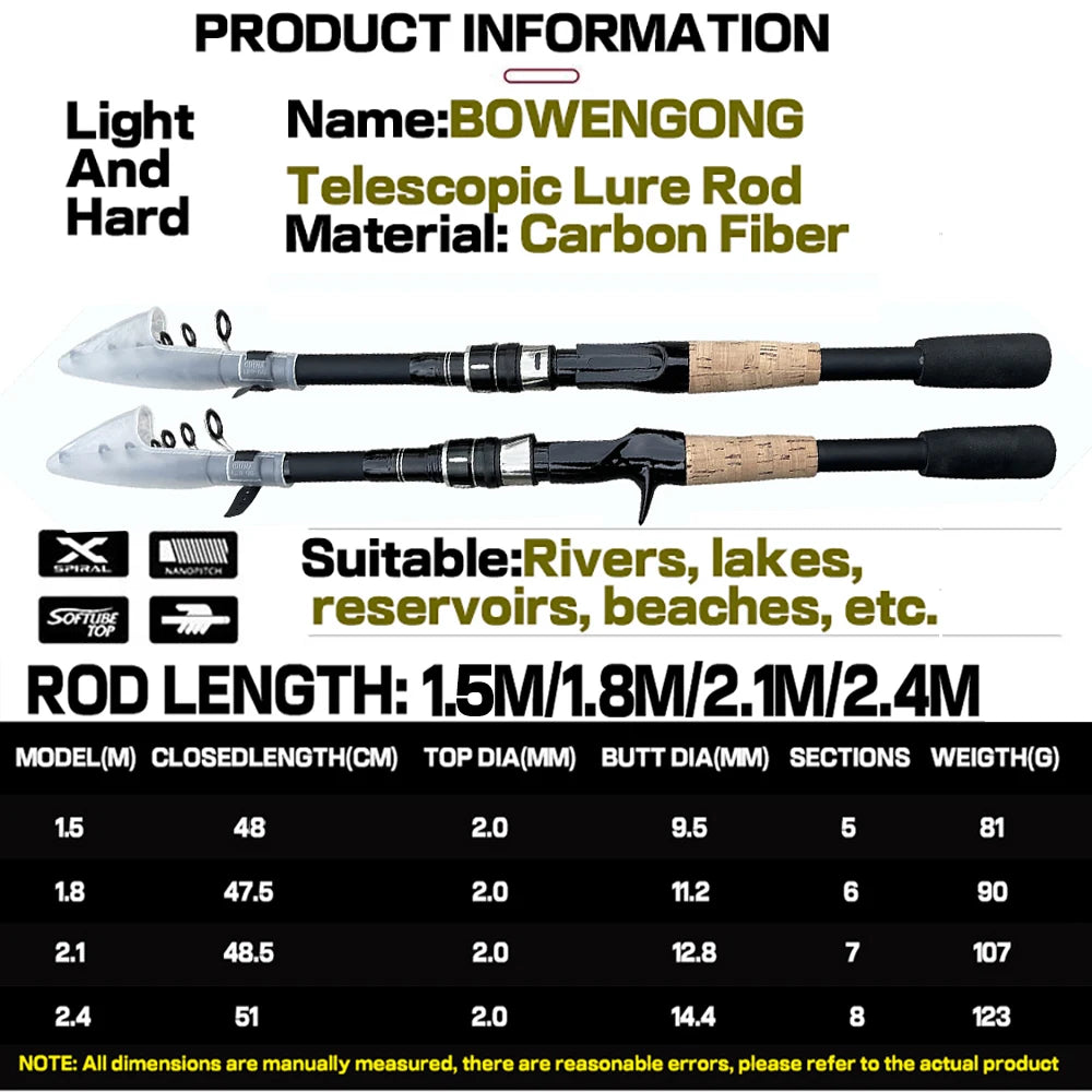 Telescopic Lure Rod 1.5M 1.8M 2.1M 2.4M Carbon Spinning Rod Baitcasting Fishing Pole 8g-25g Wooden Handle Casting Fishing Tackle Qme