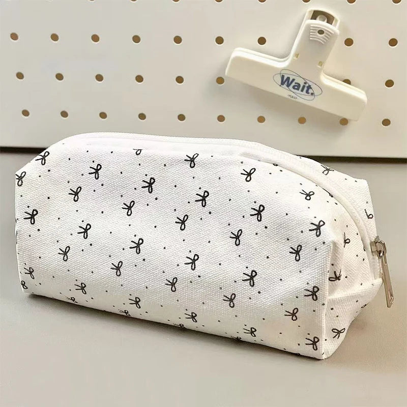 Simple Bow Pencil Case Student Fashion Sweet Pouch Portable Large Qme