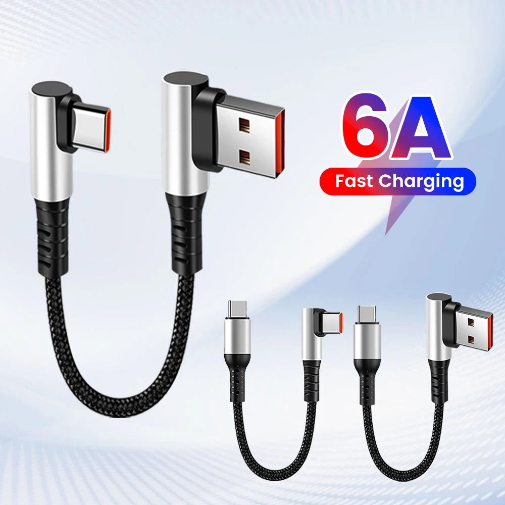 6A 25cm/50cm Short Data Cable 90 Degree Elbow USB PD To Type C Cable Fast Charging Cord For Iphone15 Xiaomi Samsung USB C Line Qme