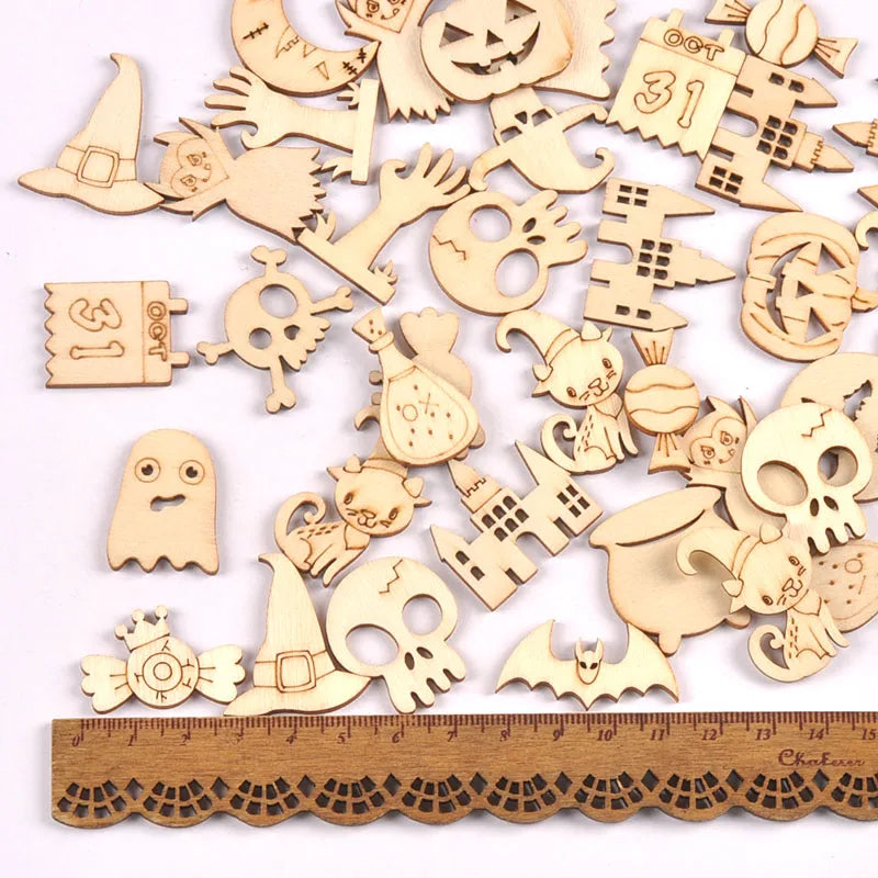50pcs 3cm Mixed Halloween Ghost Hand/Caslte/Skeleton Wood Slices DIY Scrapbook Craft Party Decor Gift Handmade Accessories c4114 Qme mixed 50pcs