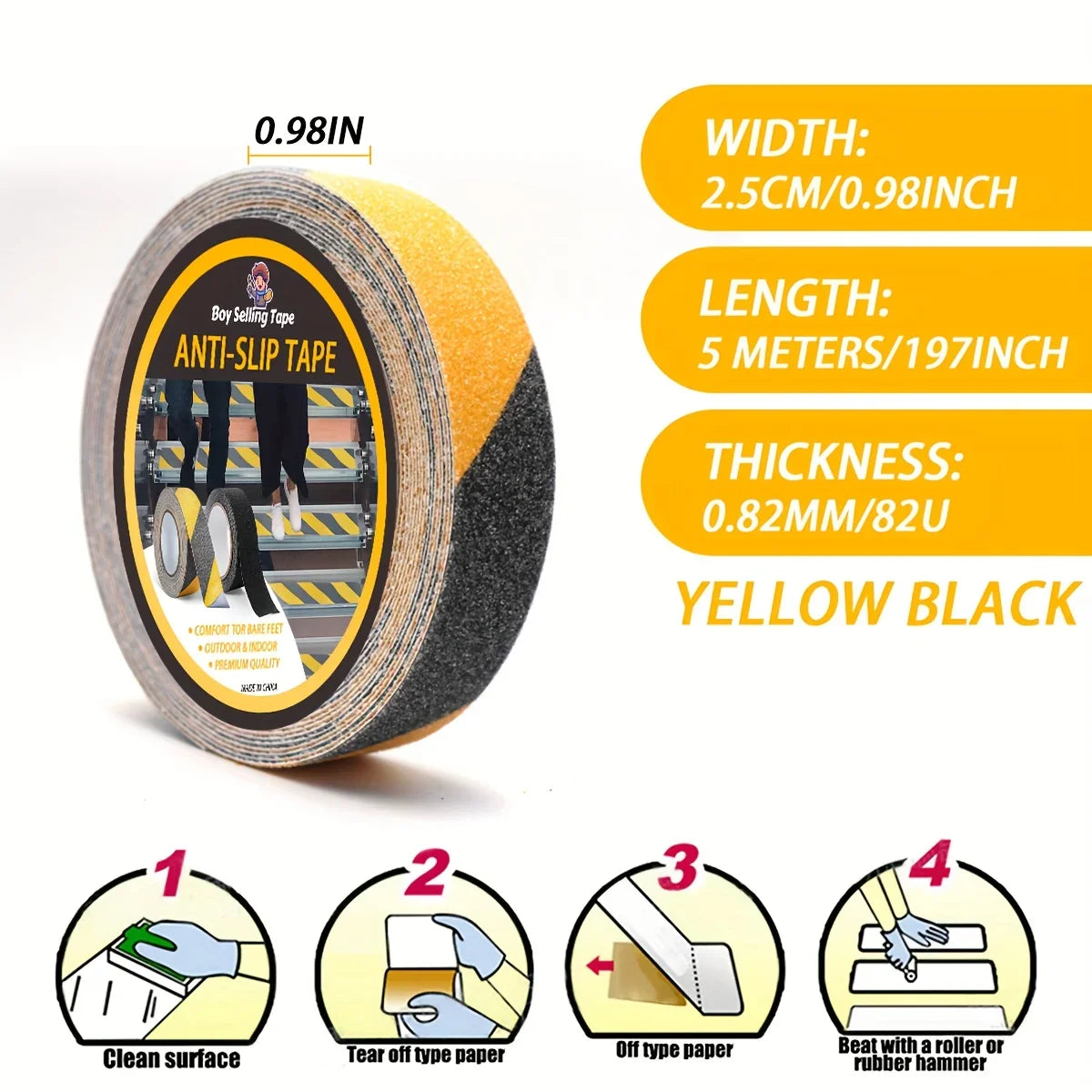 Anti Slip Safety Tape, Used for Anti Slip of Stairs and Steps, Strong Ground Grinding Tape (Yellow/Black) Hazard Warning Tape Qme Yellow Black 2.5cm 5m
