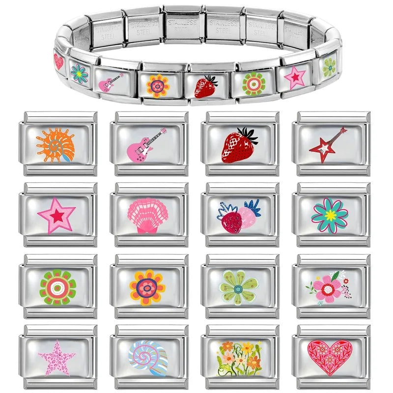 Women Men Fashion Color Series Pattern Heart Eye Sun Bead Charm Fit 9mm Italian Charm Bracelet Stainless Steel DIY Making Jewelr Qme
