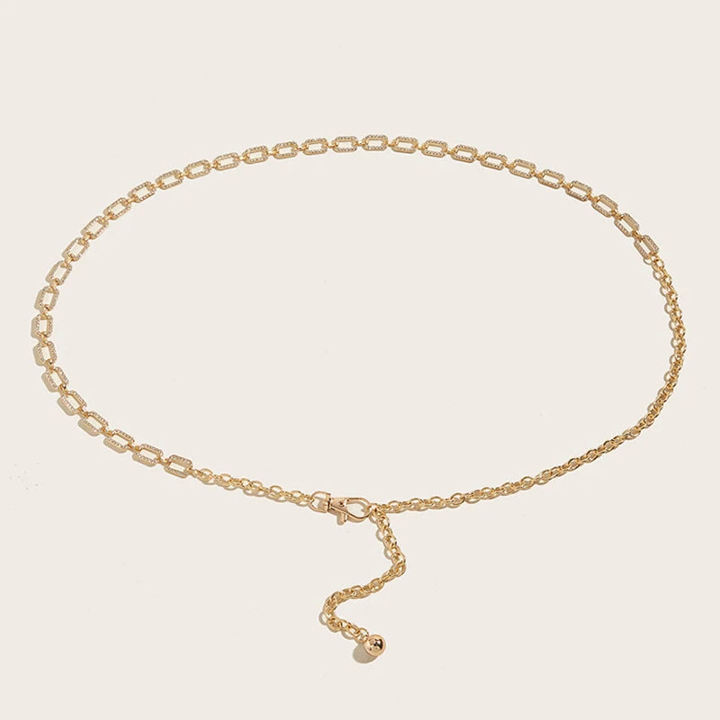 Fashion Women's Rhinestone Belt Metal Slim Waist Chain Versatile Qme Gold