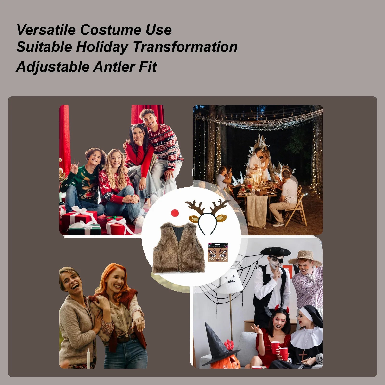 Reindeer Costume Set All-Day Wear Outfit Christmas Deer Costume Vest Red Nose Headband For College Students Adults Girlfriend Qme