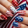 Detachable European Square False Nails Mid Long Style Red Blue Star Stripes Independence Day Wearable Nail Tips Beauty Qme LC275