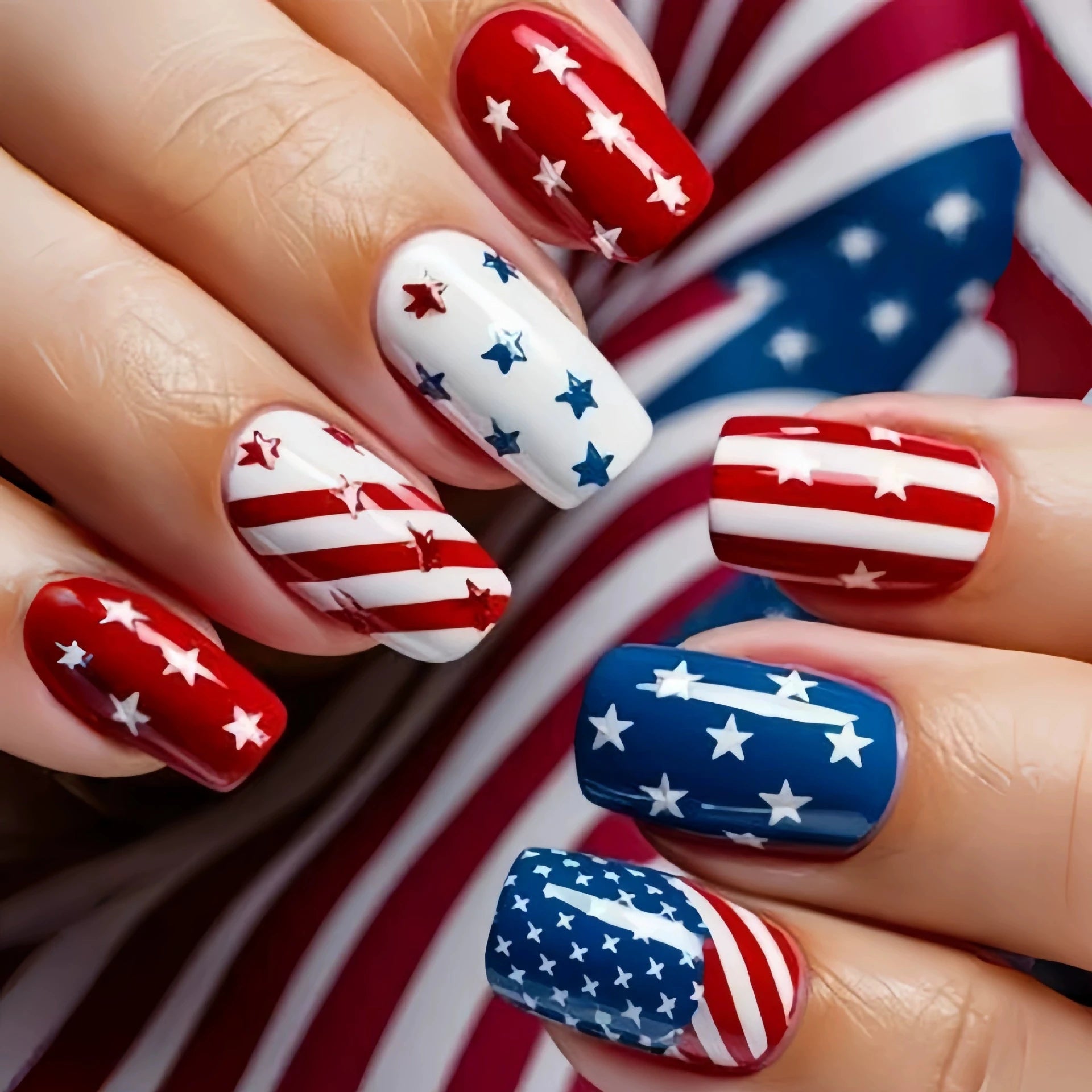 Detachable European Square False Nails Mid Long Style Red Blue Star Stripes Independence Day Wearable Nail Tips Beauty Qme LC275