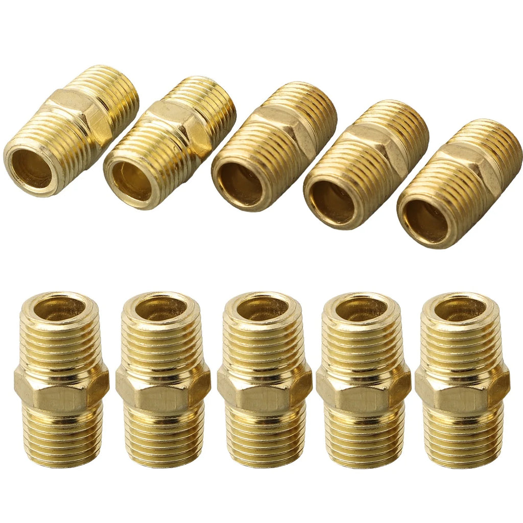 10pcs Brass Pipe Hex Nipple Fitting Quick Coupler Adapter Connector 1/4in For BSP Male To Male Thread Water Oil Air Connector Qme