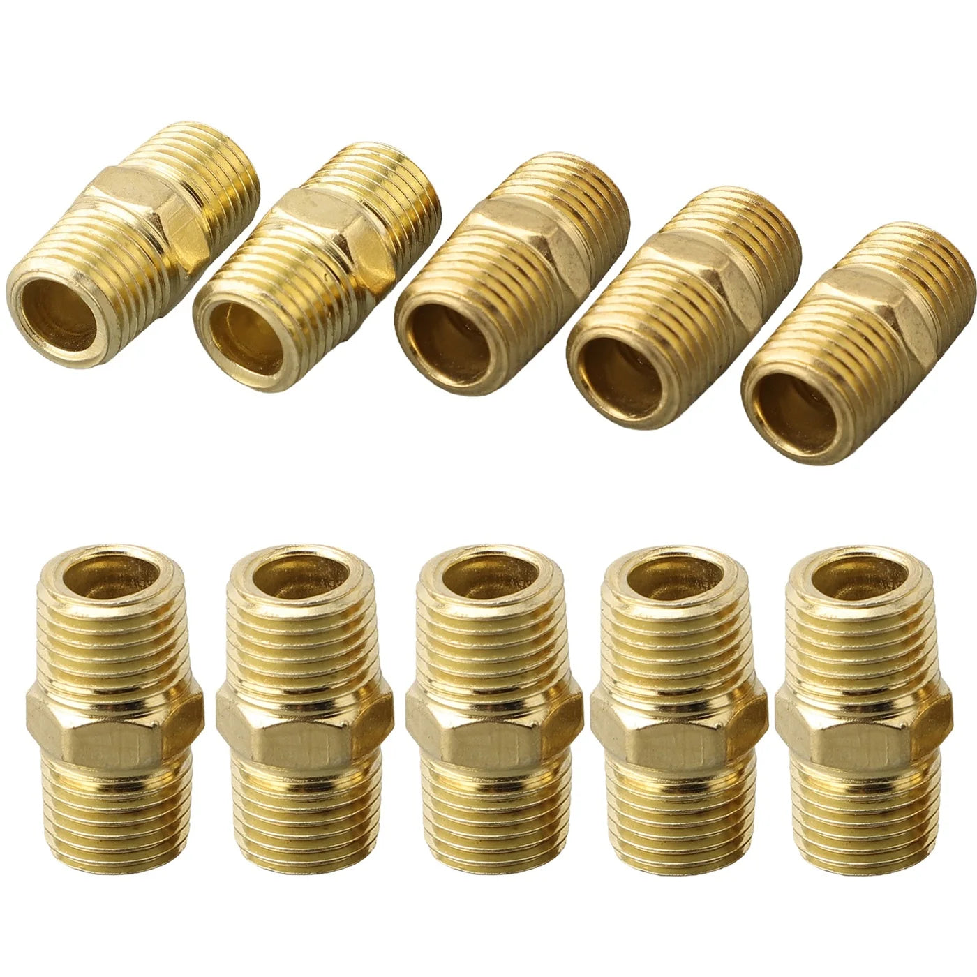 10pcs Brass Pipe Hex Nipple Fitting Quick Coupler Adapter Connector 1/4in For BSP Male To Male Thread Water Oil Air Connector Qme