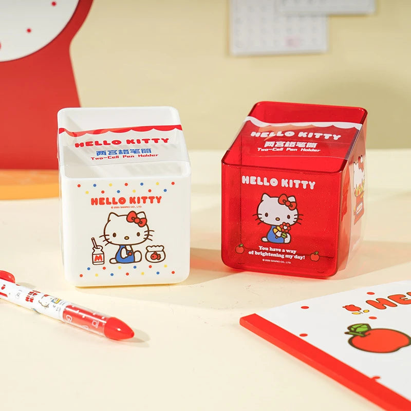 Hello Kitty Double-Compartment Pencil Holder Desk Organizer Cartoon-Themed Multi-Compartment Stationery Case for Students Qme