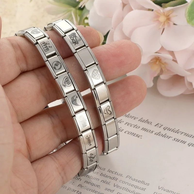 New Fashion Charm Italian Links Fit 9mm Stainless Steel Women Men Jewelry DIY Making Black Heart I Love you You Love Me Bracelet Qme