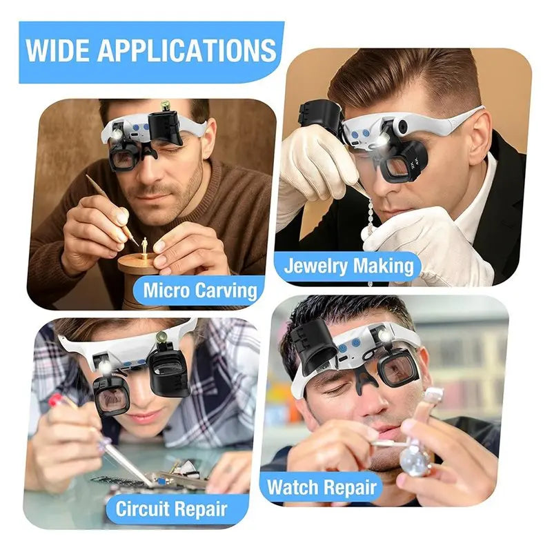 A02F-Glasses For Close Work, Jewelers Magnifying Glass With Light & 5 Interchangeable Lens Pairs(2X 4X 6X 10X 13X), Headband Qme