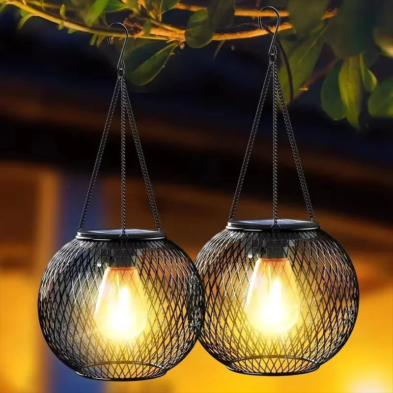 Solar wrought iron lantern lamp retro net chandelier outdoor garden decoration hollow lantern Qme