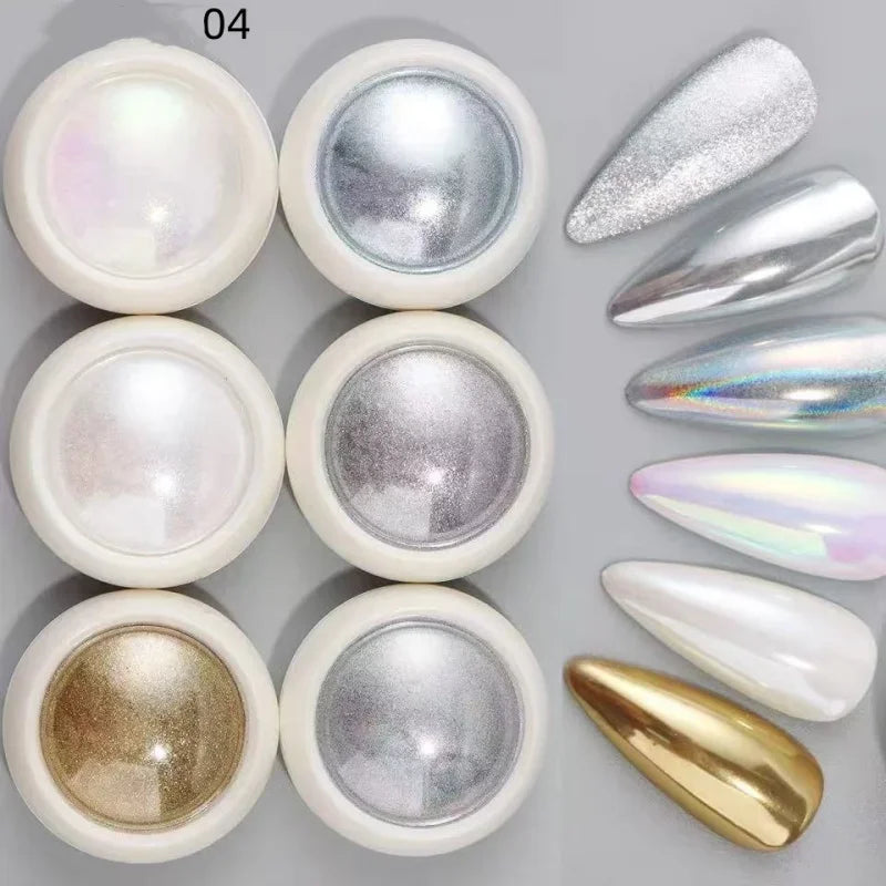 6 Box Moonlight Mirror Nail Powder Silver Fine Glitter Metallic Effect Pigment Gel Polish Chrome Holographic Nail Powder Qme A4