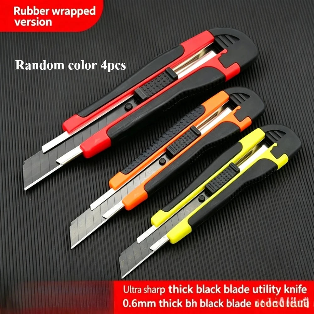Wrapped Utility Knife Black Snap-off Blade Anti-slip Auto Lock Cutter Knife For Office Carton Leather Cutting Craft Tools Qme Random color 4pcs