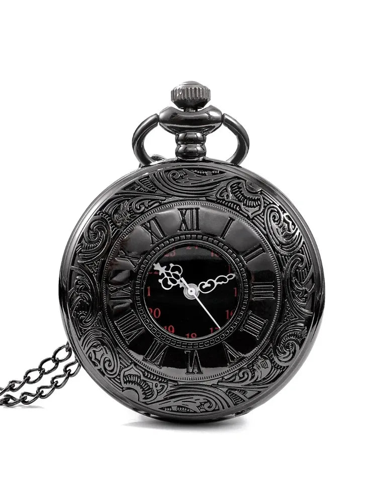 1 pcs Steampunk pocket watch, men's chain, necklace, antique charm, black, Roman numerals, quartz, unified fashion Qme black