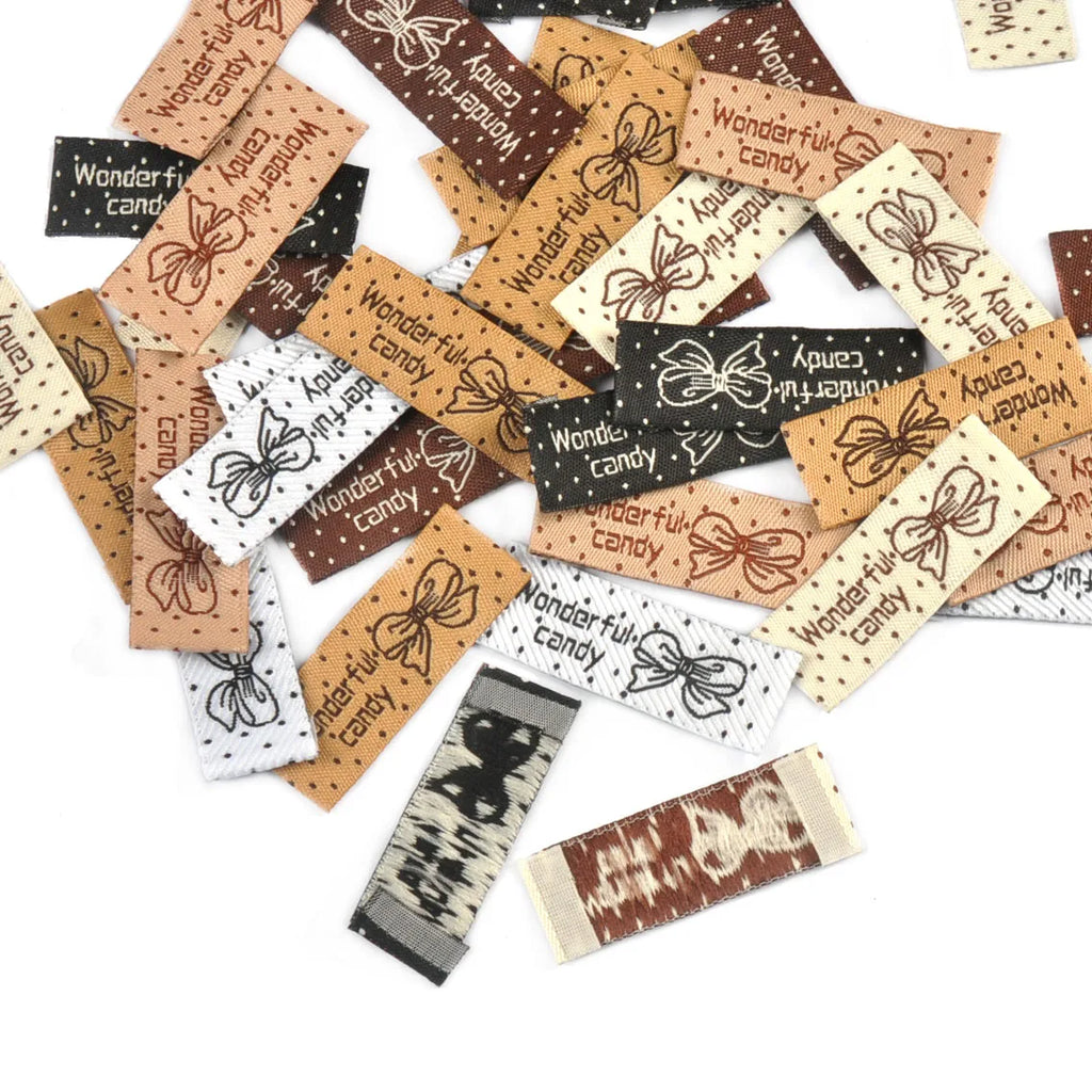 50pcs 41x15mm Mixed 6 Colors Rectangle Bow Dot Pattern Clothes Labels Sewing Supplies DIY Bags Shoes Hats Handmade Fabric c3783 Qme