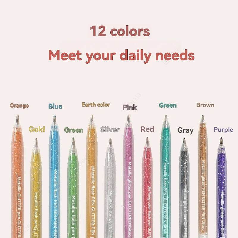 Metallic Glitter Gel Pens - Pens For Scrapbook, Journals or Drawing DIY Projects - Colored Metallic 1.0mm Ink - 12 Pack Qme