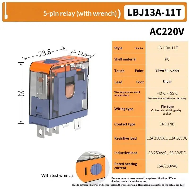 1Pcs AC220V DC 24V Universal Relay J13A Micro Voltage Plug-in Relay 5Pin 8Pin DC12V 12A Relay DIY Accessories Qme 5pin 1NO1NC T 220V