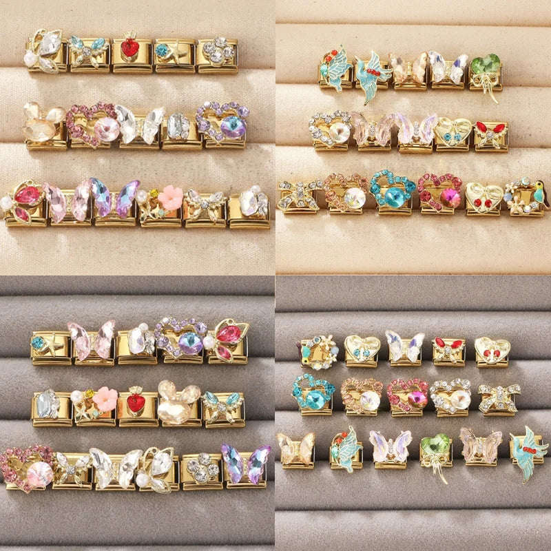 2026 Colorful Garland Flower Bird Luxury Pearl Zircon Gold Color Italian Link Fit 9mm Stainless Steel Charm Jewelry DIY Bracelet Qme