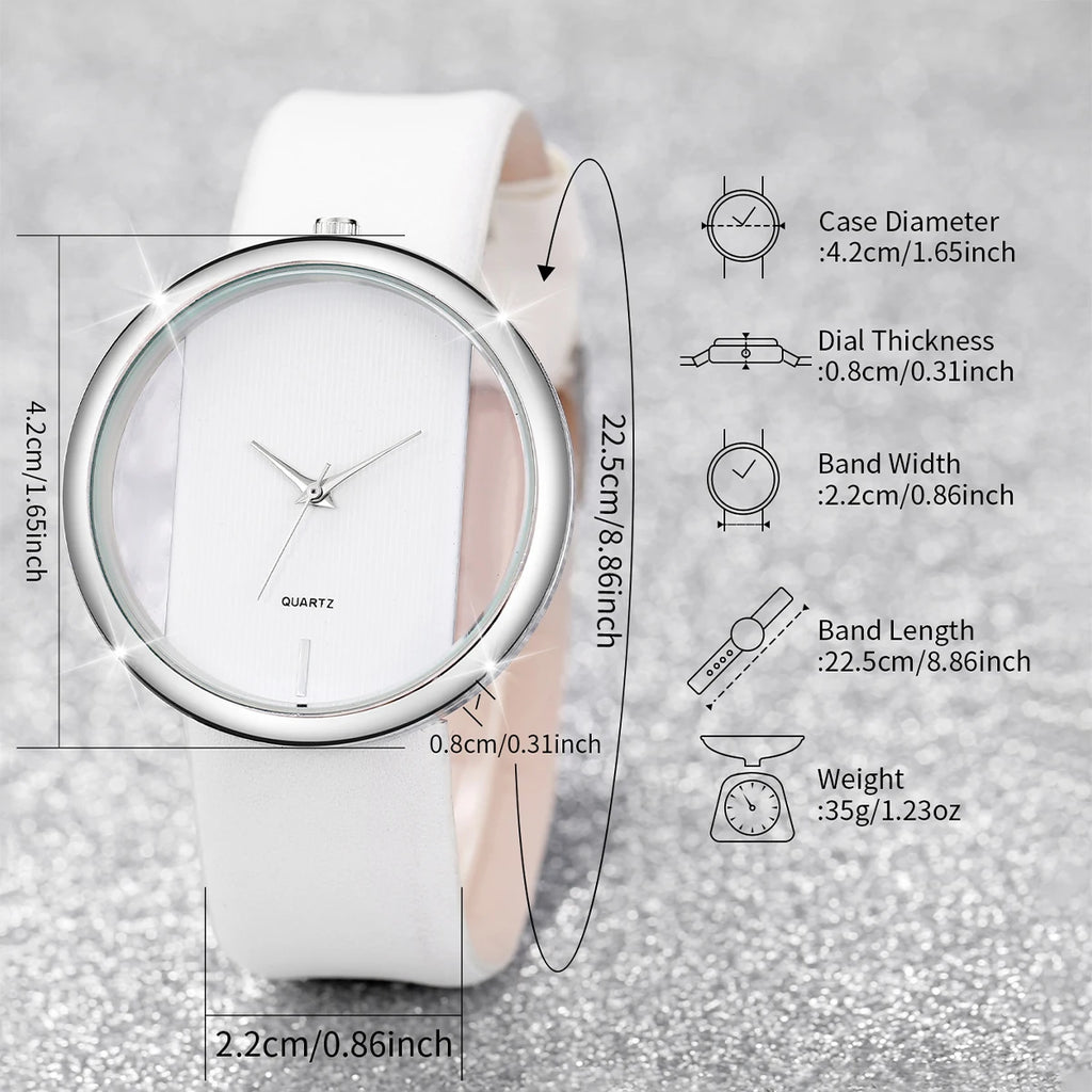 Silver hollowed out large dial, white belt, ladies' quartz watch, heart-shaped fine bracelet, two-piece set Qme