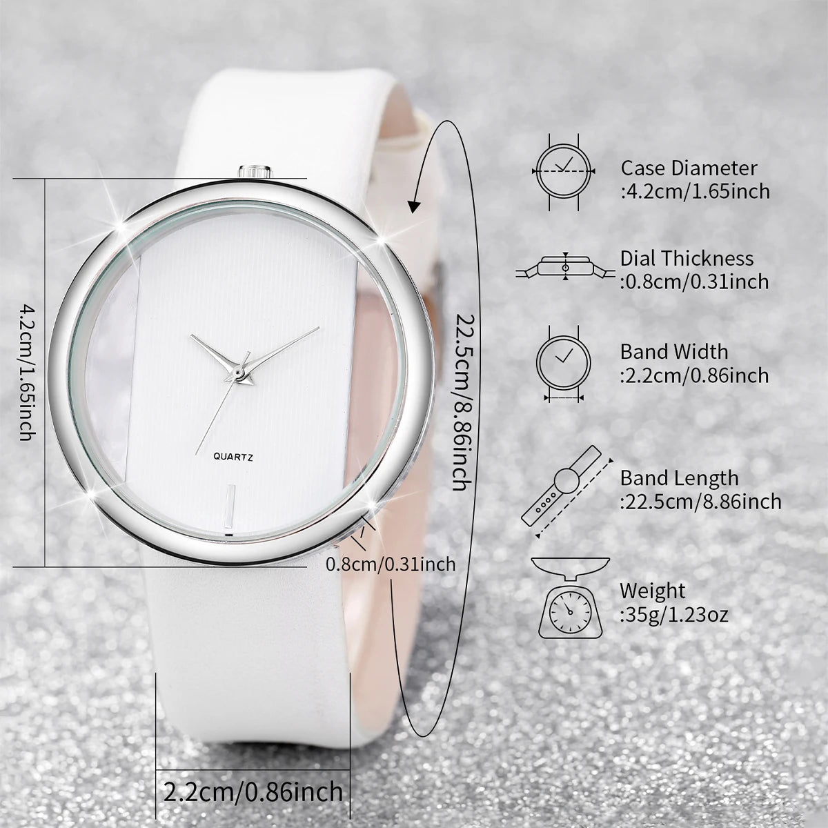 Silver hollowed out large dial, white belt, ladies' quartz watch, heart-shaped fine bracelet, two-piece set Qme