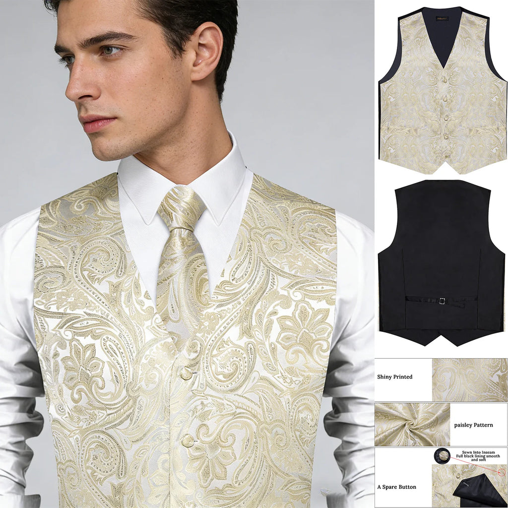 Men's Champagne Golden Paisley Suit Vest & Tie Set – Formal Waistcoat with Pocket Square, Perfect for Weddings Business Events Qme