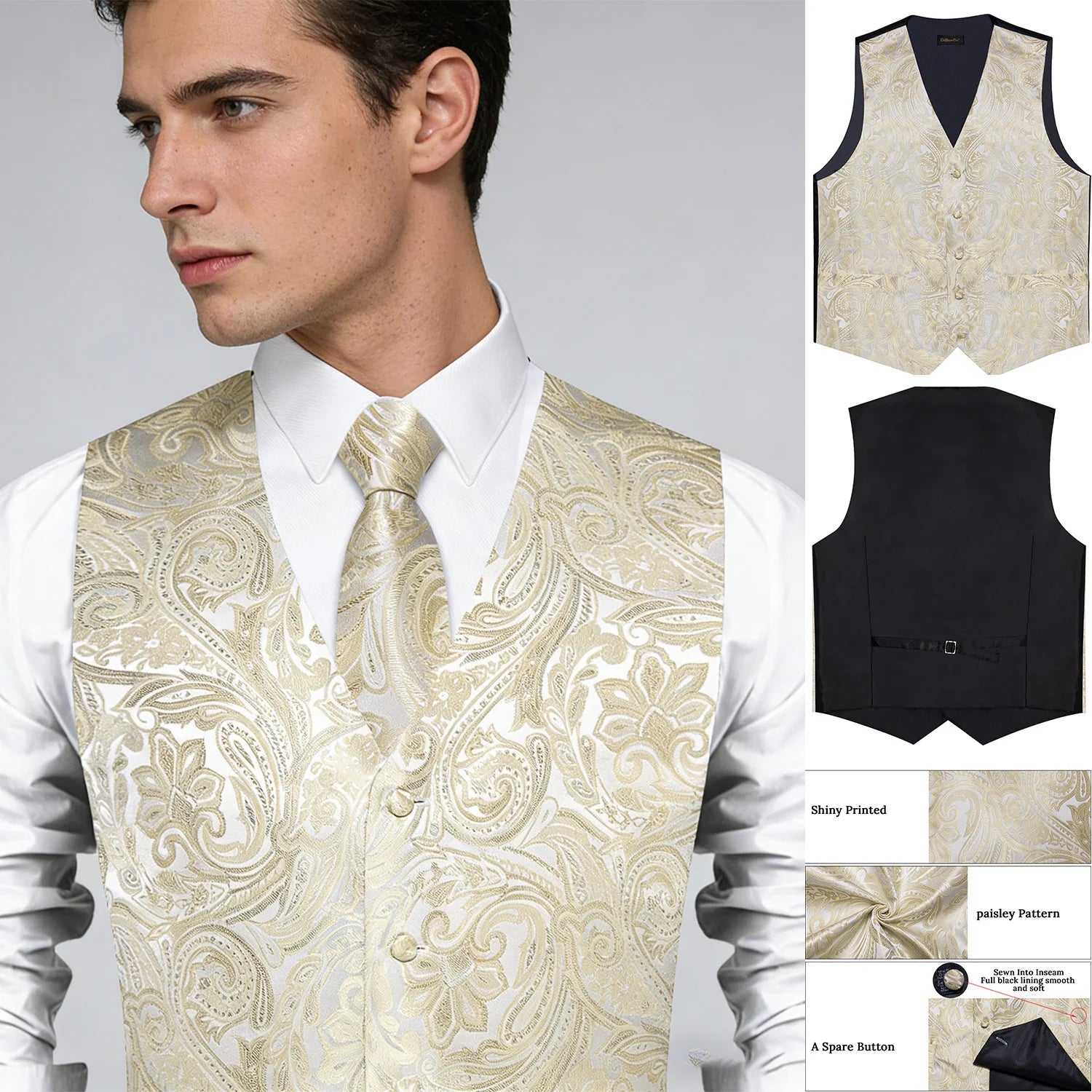 Men's Champagne Golden Paisley Suit Vest & Tie Set – Formal Waistcoat with Pocket Square, Perfect for Weddings Business Events Qme